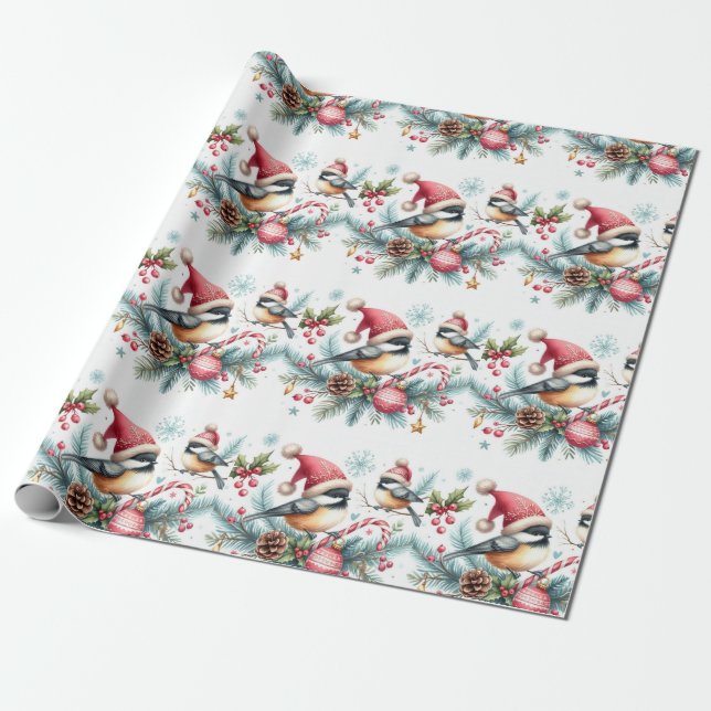 Christmas Chickadee Wrapping Paper (Unrolled)