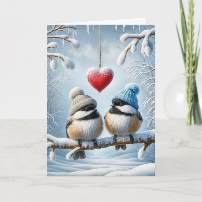 Christmas Chickadees With Red Heart Card (Front)