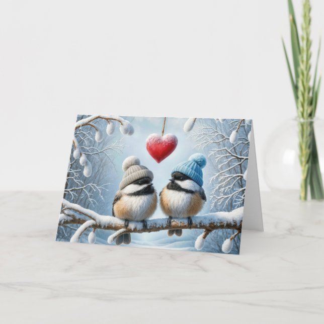 Christmas Chickadees With Red Heart Card (Front)