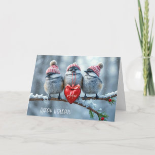 Christmas Chickadees With Red Heart Holiday Card