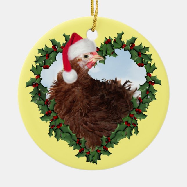 Christmas Chicken * Frizzle Chicken Ceramic Orname Tree Decoration (Front)