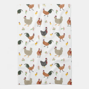 Christmas Chickens & Chicks Pattern Tea Towel