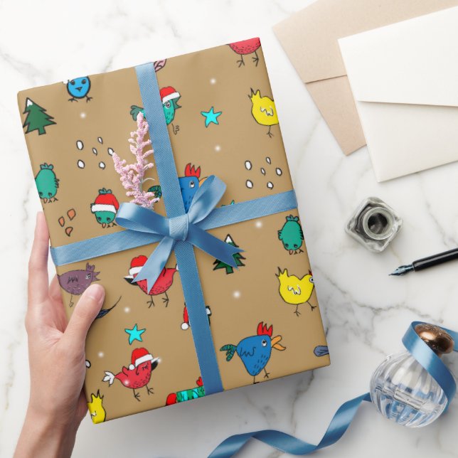 Christmas chickens on gold wrapping paper (Gifting)