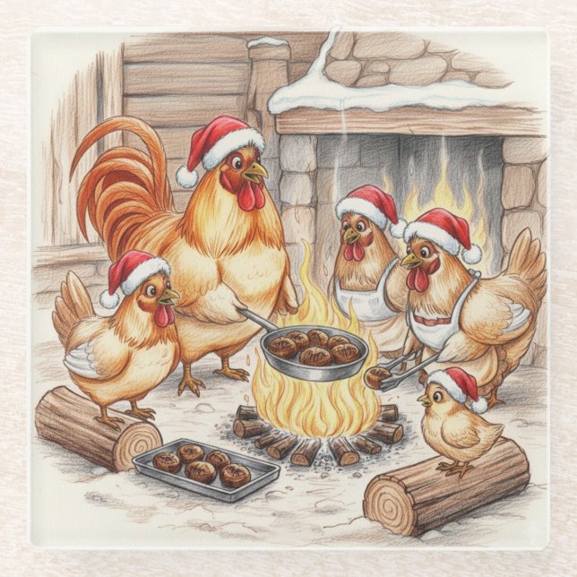Christmas Chickens Roasting Chestnuts, Coaster (Front)