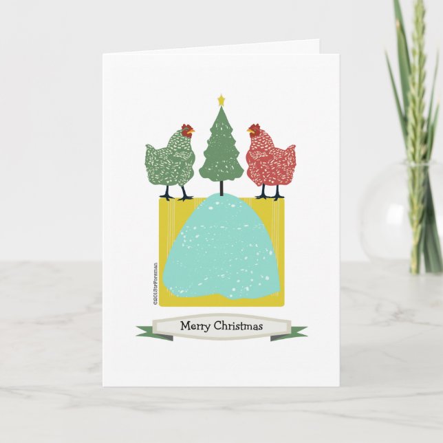 Christmas chickens with tree inside patterns/art holiday card (Front)