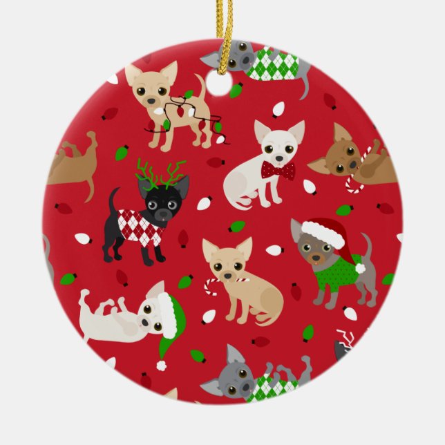 Christmas Chihuahua All Coats Ceramic Tree Decoration (Front)