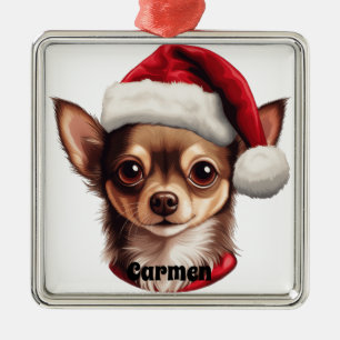 CHRISTMAS CHIHUAHUA DOG WITH SANTA HAT METAL TREE DECORATION