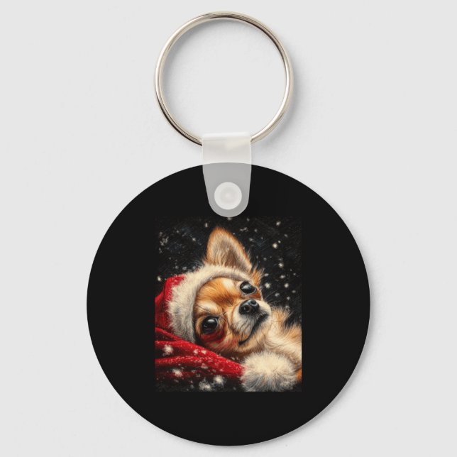 Christmas Chihuahua On A Long Sleeve  Key Ring (Front)