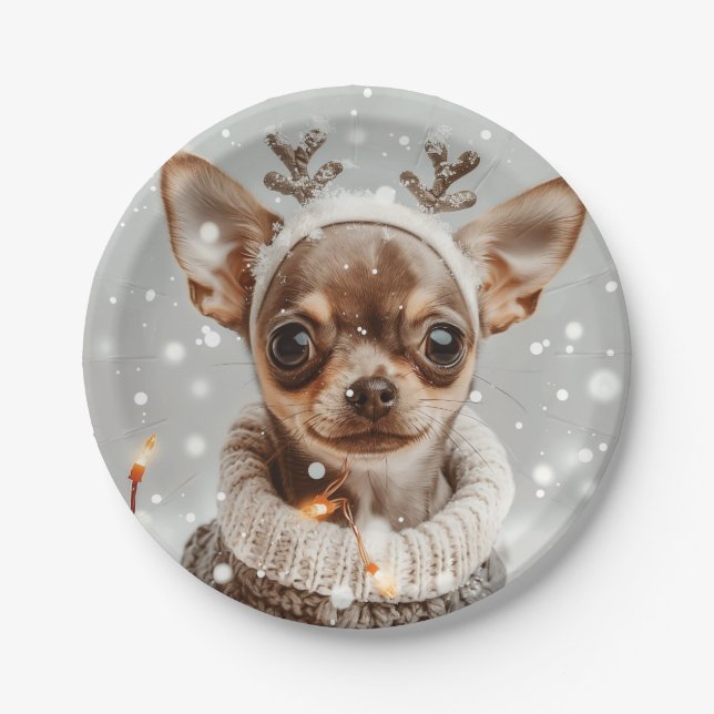 Christmas Chihuahua Reindeer Dog Paper Plate (Front)