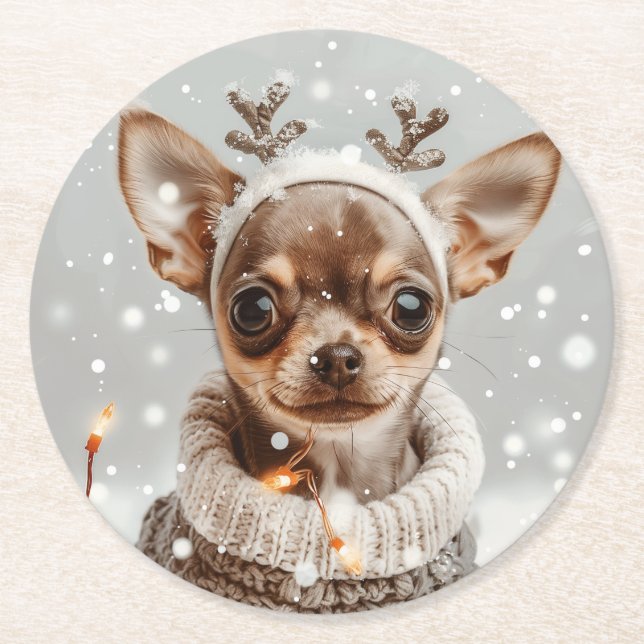 Christmas Chihuahua Reindeer Dog Round Paper Coaster (Front)