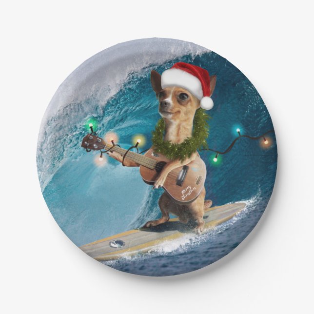 Christmas Chihuahua Surfing Paper Plate (Front)