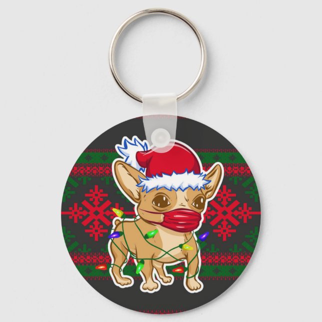 Christmas chihuahua wearing a medical mask key ring (Front)