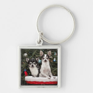 Christmas Chihuahua's in a red basket Key Ring