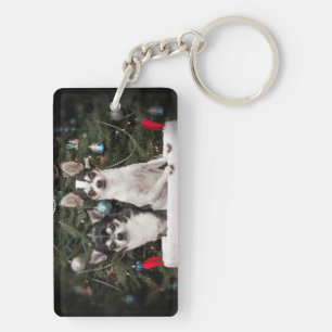 Christmas Chihuahua's in a red basket Key Ring