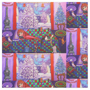 Christmas Child & Cats Quilt Snow Scene Cute Fabric