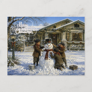 Christmas Children building a snowman Holiday Postcard