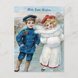Christmas, Children ice skating Holiday Postcard