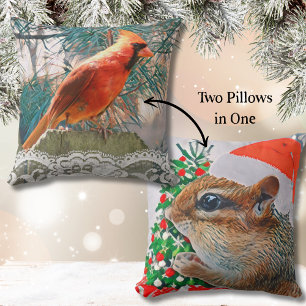 Christmas Chipmunk and Red Cardinal Holiday Cushion
