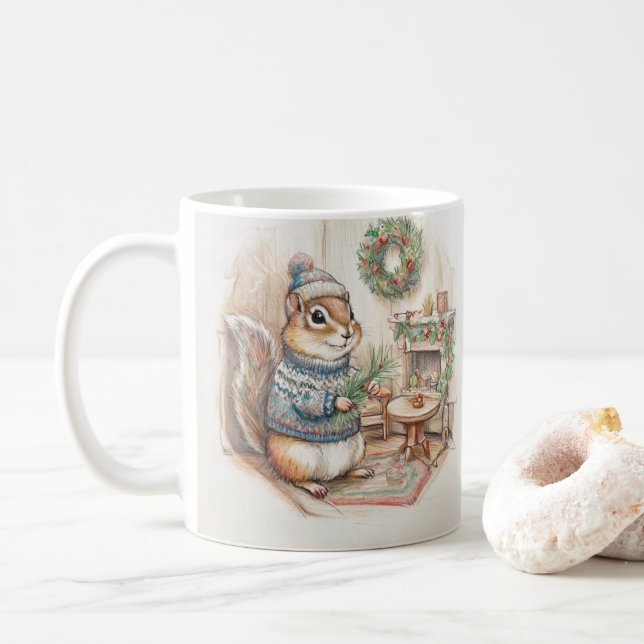 Christmas Chipmunk in Sweater  Coffee Mug (With Donut)