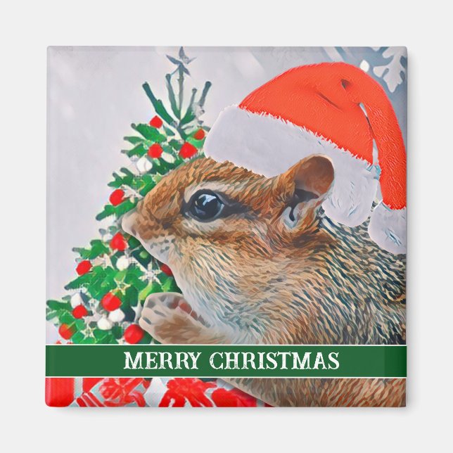 Christmas Chipmunk Santa Cute Holiday Magnet (Front)