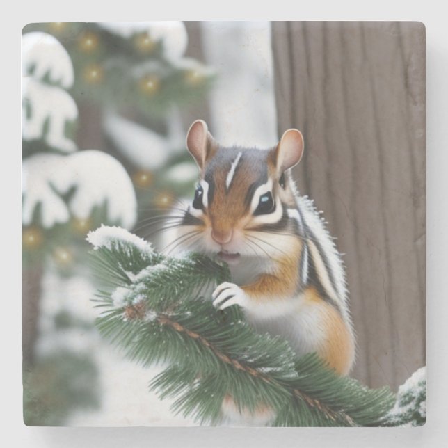 Christmas Chipmunk Stone Coaster (Front)