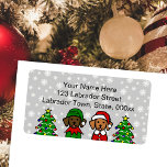 Christmas Chocolate Labrador and Fox Red Labrador Label<br><div class="desc">Christmas Chocolate Labrador and Fox Red Labrador labels for Labrador Owners.  Whimsy and cute Labrador Retriever Cartoon created by Naomi Ochiai from Japan.   Adorable Chocolate Labrador and Fox Red Labrador puppies are posing in their Christmas costume of Santa and Elf.  Snowflakes pattern.  You can customise text.</div>