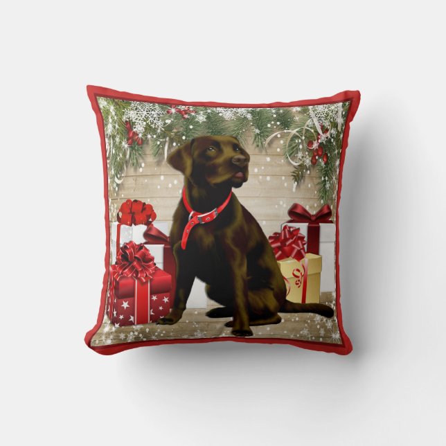 CHRISTMAS CHOCOLATE LABRADOR CUSHION (Front)
