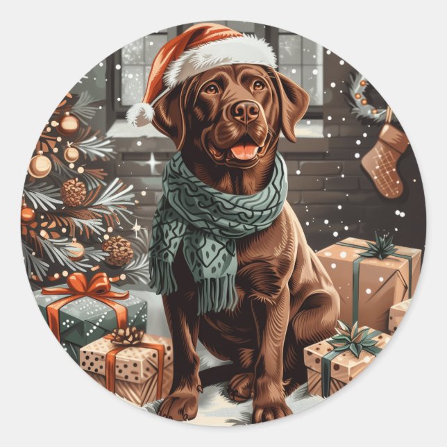 Christmas Chocolate Labrador Retriever Dog Classic Round Sticker (Front)