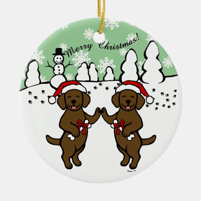 Christmas Chocolate Labradors Cartoon Ceramic Tree Decoration (Front)
