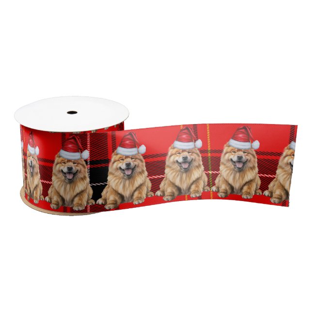 Christmas Chow Chow Dog Holiday Red Plaid Satin Ribbon (Spool)