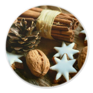 Christmas Cinnamon Sticks and Stars Ceramic Knob