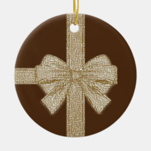 Christmas Circle Ornament, Beige Bow Ceramic Tree Decoration