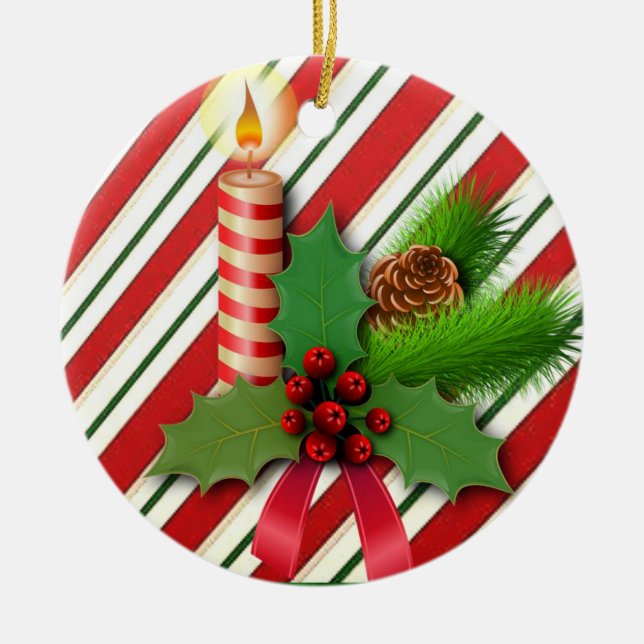 Christmas Circle Ornament, Christmas Candle Ceramic Tree Decoration (Front)