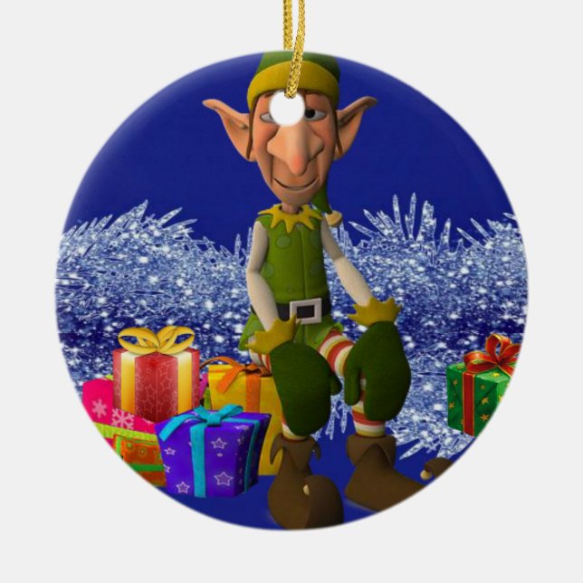 Christmas Circle Ornament, Elf Ceramic Tree Decoration (Front)