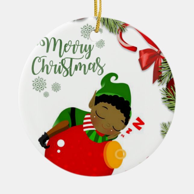 Christmas Circle Ornament, Elf Ceramic Tree Decoration (Front)