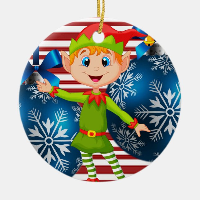 Christmas Circle Ornament, Elf Ceramic Tree Decoration (Front)