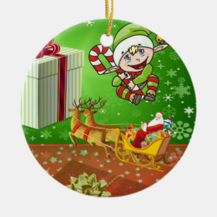 Christmas Circle Ornament, Elf Ceramic Tree Decoration