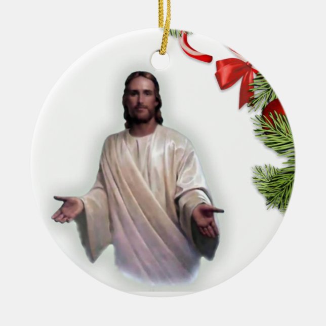 Christmas Circle Ornament, Jesus Christ Ceramic Tree Decoration (Front)