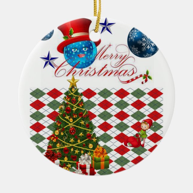 Christmas Circle Ornament, Merry Christmas Ceramic Tree Decoration (Front)