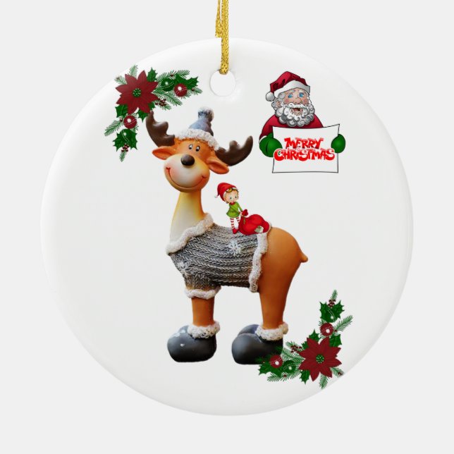 Christmas Circle Ornament, Moose Ceramic Tree Decoration (Back)