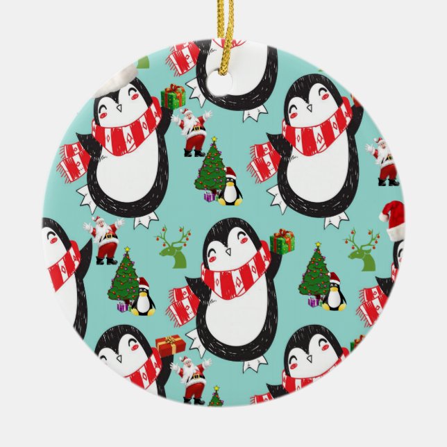 Christmas Circle Ornament, Penguin Ceramic Tree Decoration (Front)