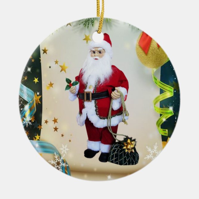 Christmas Circle Ornament, Santa Ceramic Tree Decoration (Front)