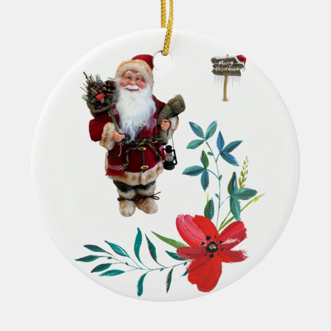 Christmas Circle Ornament, Santa Ceramic Tree Decoration (Front)
