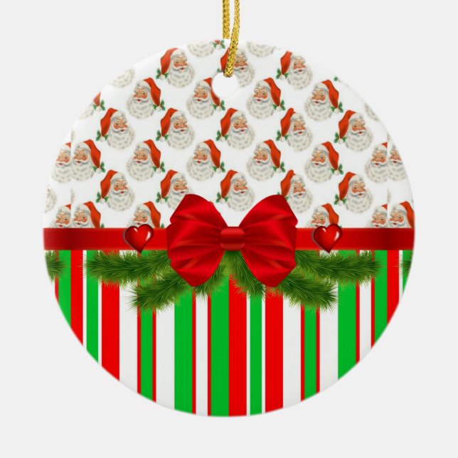 Christmas Circle Ornament, Santa Stripe Ceramic Tree Decoration (Front)