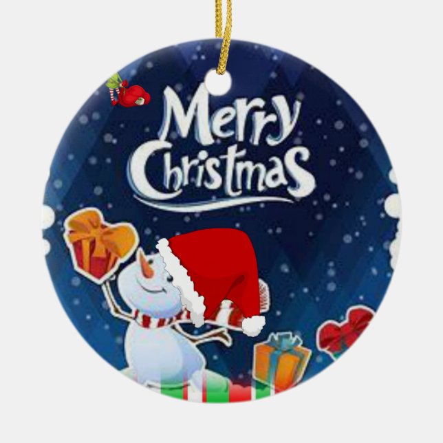 Christmas Circle Ornament, Snowman Ceramic Tree Decoration (Front)