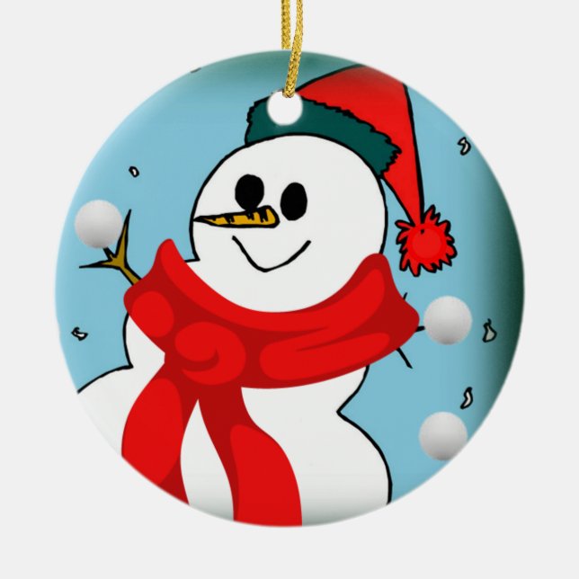 Christmas Circle Ornament, Snowman Ceramic Tree Decoration (Front)