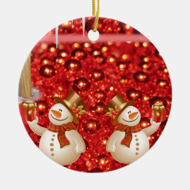 Christmas Circle Ornament, Snowman Ceramic Tree Decoration (Front)