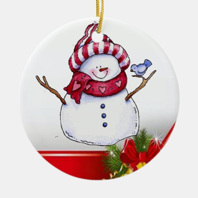 Christmas Circle Ornament, Snowman Ceramic Tree Decoration (Front)