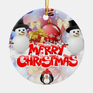 Christmas Circle Ornament, Snowman Ceramic Tree Decoration