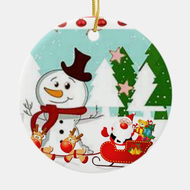 Christmas Circle Ornament, Snowman Ceramic Tree Decoration (Front)
